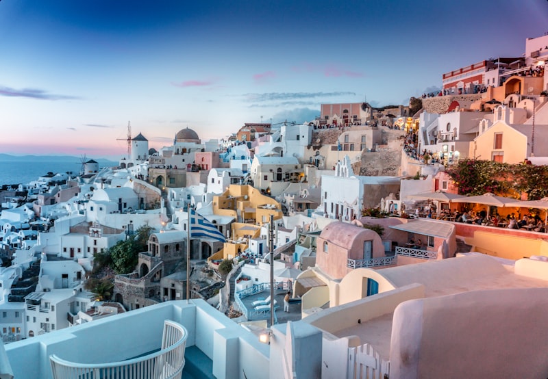 Blue domes of Santorini at sunset